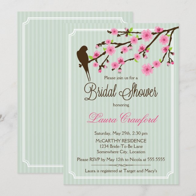 Einladung von Cherry Blossom und Bird Bridal Dusch (Vorne/Hinten)