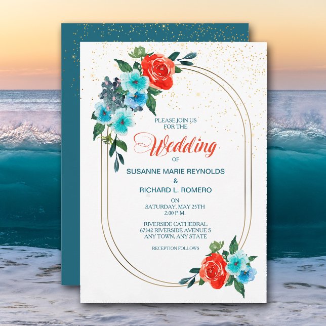 Einladung von Confetti Coral und Aqua Floral Weddi (Von Creator hochgeladen)