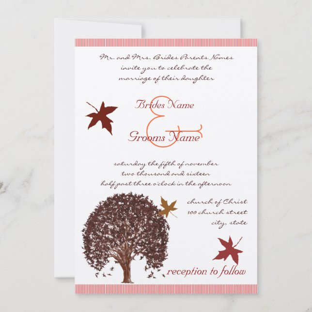 Einladung von Coral Burgundy Red Tree Wedding (Rückseite)
