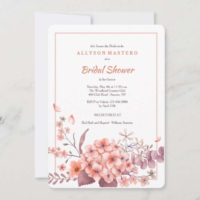 Einladung von Coral Hydrangea (Vorderseite)