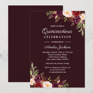Einladung von Deep Burgundy Red Floral Quinceanera