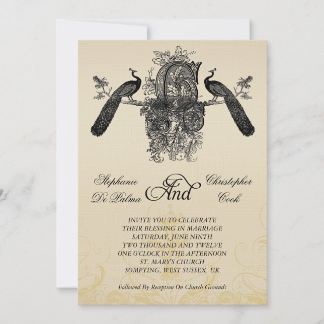 Einladung von drei Monogram Peacocks Vintage Hochz (Vorderseite)