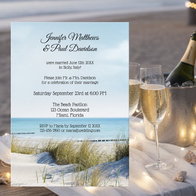 Einladung von Dunes and Beach Post (After wedding party invitation featuring an image of dunes overlooking a beach)