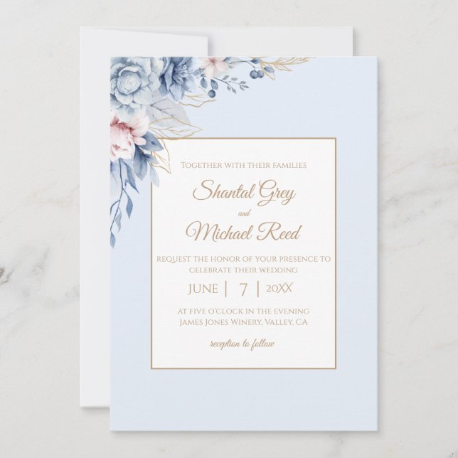 Einladung von Dusty Blue and Gold Floral Wedding (Vorderseite)