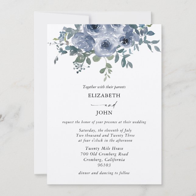 Einladung von Dusty Blue Floral und Black Wedding (Vorderseite)