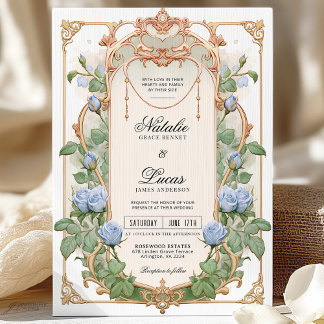 Einladung von Dusty Blue Floral und Gold Hochzeit