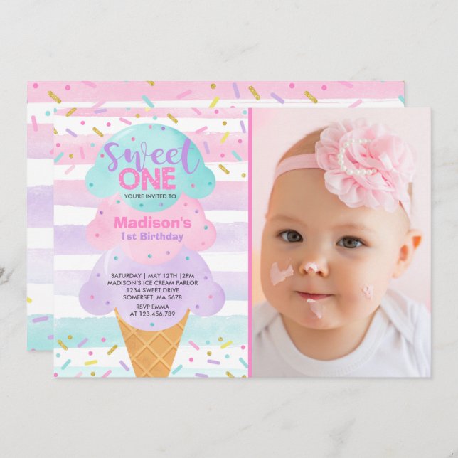 Einladung von Eiscreme Süße 1. Geburtstag (Vorne/Hinten)