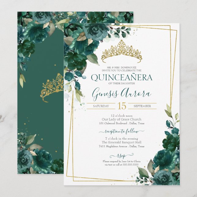 Einladung von Emerald Green Floral von Quinceañera (Vorne/Hinten)