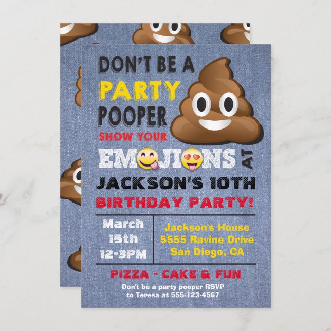 Einladung von Emoji Party Pooper Birthay (Vorne/Hinten)