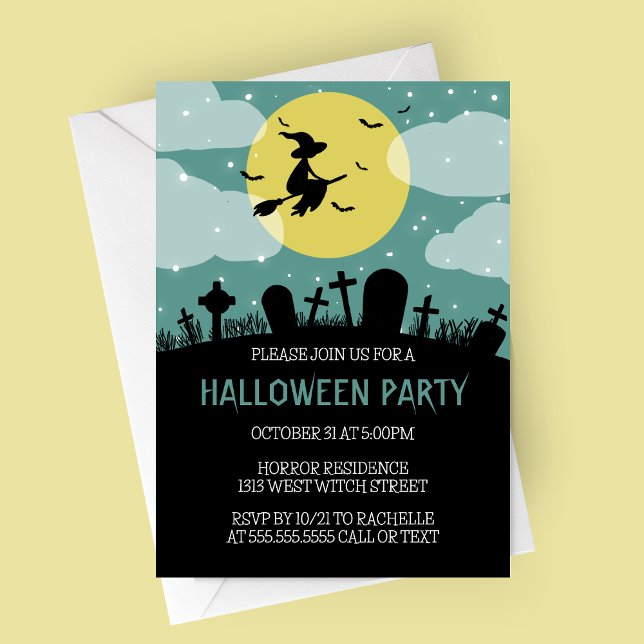 Einladung von fliegenden Hexen-Halloween-Partys (Flying Witch Over Cemetery with Blue Sky Halloween Party Invitation)