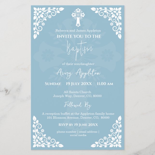 Einladung von Floral Cross Taufen Sky Blue Flyer (Vorne)