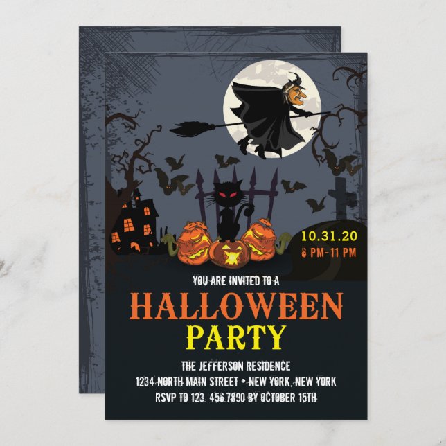 Einladung von Flying Hexe Black Halloween-Party (Vorne/Hinten)