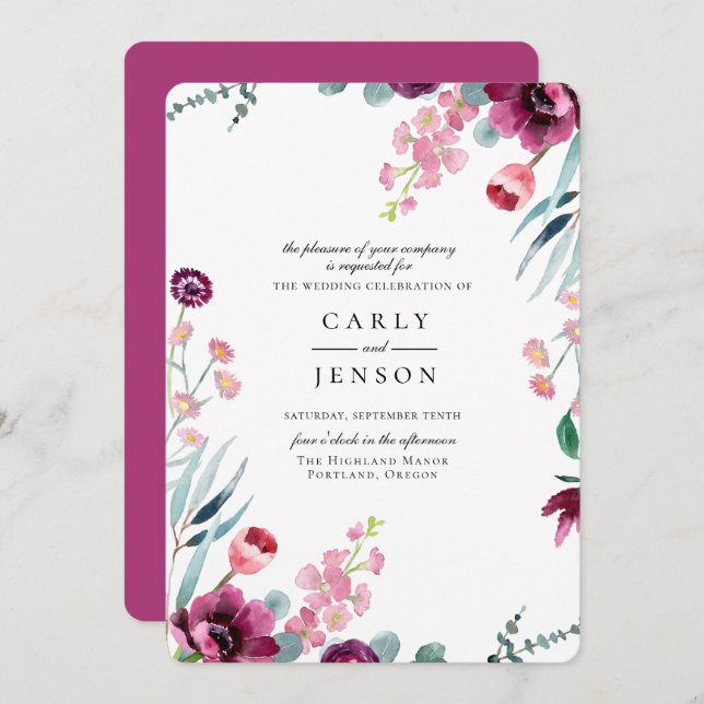 Einladung von Fuchsia Garden Floral Wedding (Vorne/Hinten)