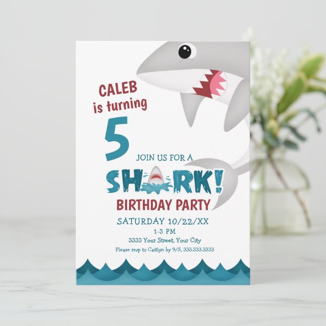 Einladung von Fun Shark Birthday (Stehend Vorderseite)