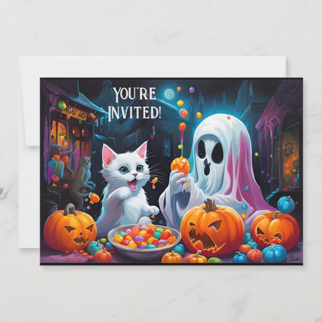 Einladung von Ghost und Kitten Halloween-Party (Vorderseite)