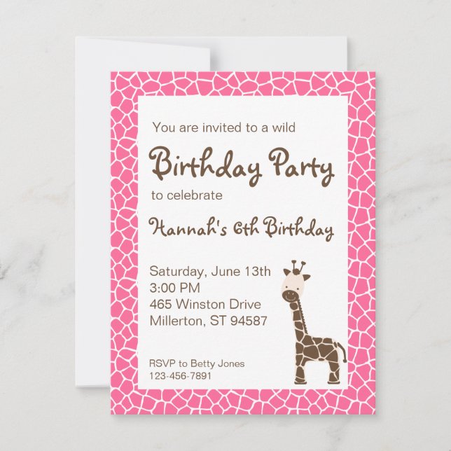Einladung von Giraffe Wild Geburtstagsparty (Rosa) (Vorderseite)