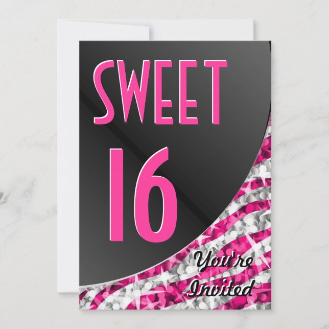 Einladung von Glitz Zebra Pink: "Sweet 16" (Vorderseite)