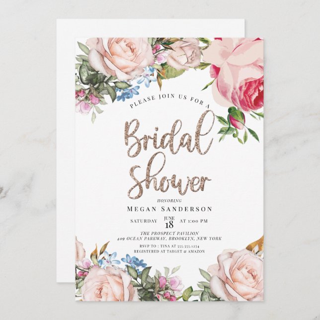 Einladung von Gold und Floral Bridal Brunch (Vorne/Hinten)
