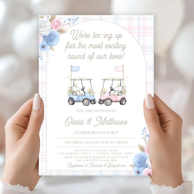 Einladung von Golf Gender - Golf Carts (Golf Gender Reveal Invitation – Blue & Pink Golf Carts)