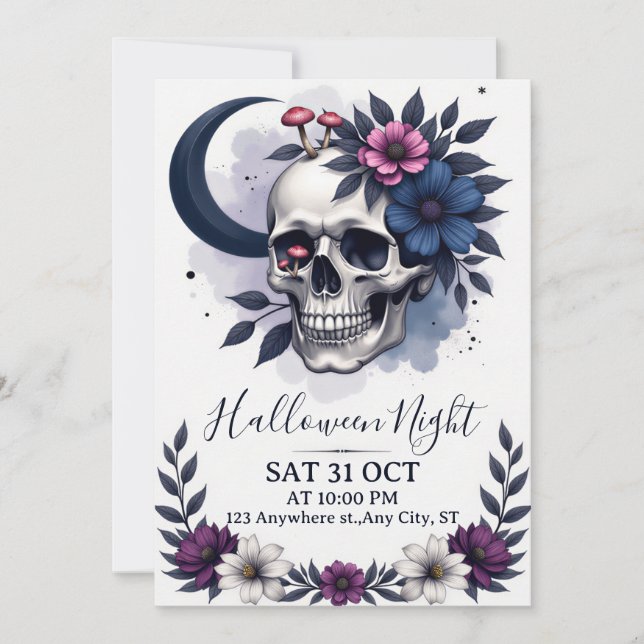 Einladung von Gothic Skull and Floral Halloween-Pa (Vorderseite)