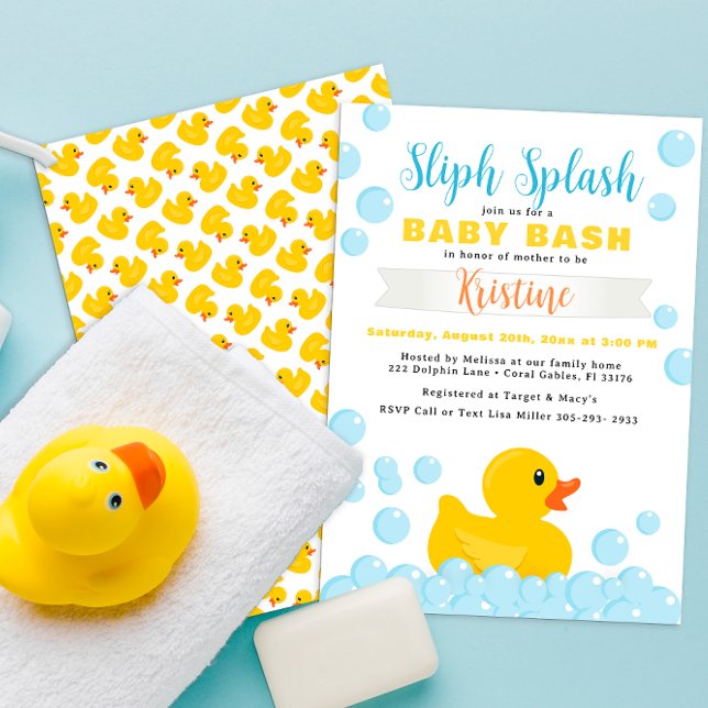 Einladung von Gummi Ducky Baby Duwer - Splish Spla (Rubber duck baby shower invitation - splish splash rubber ducky a new baby to love)