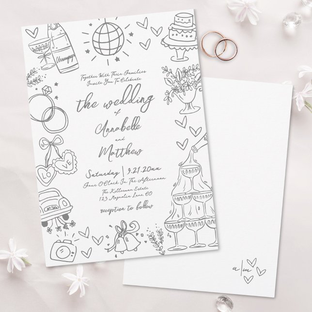 Einladung von Hand Drawn Grey Whimsical (Hand Drawn Gray Whimsical Wedding Invitation)