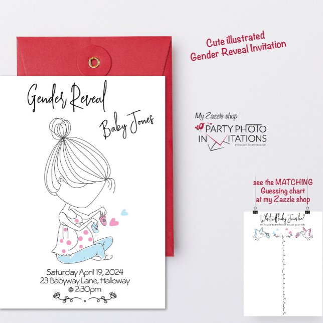 Einladung von Hand gezeichneter Geschlechter (Gender reveal invitation and Matching guessing chart)