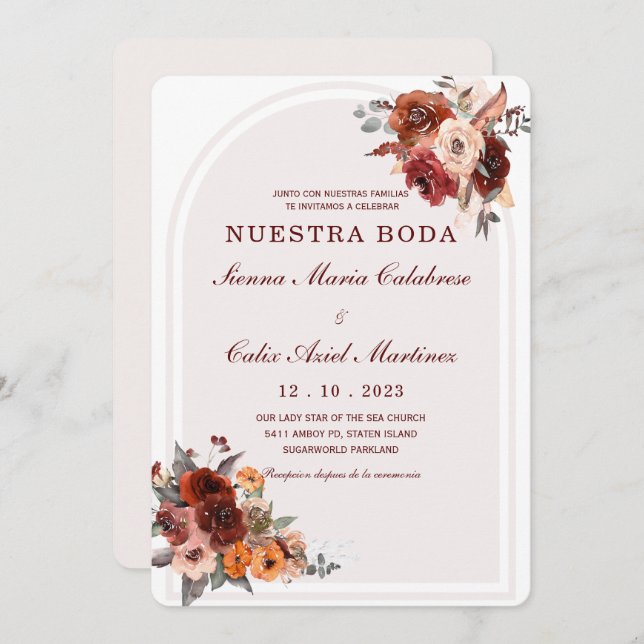 Einladung von Invitación boda marsala en español (Vorne/Hinten)
