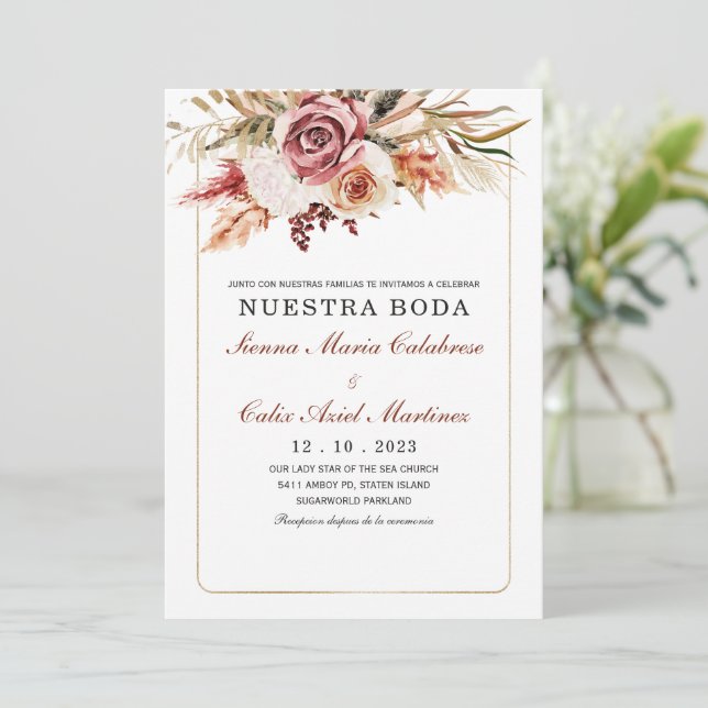 Einladung von Invitación boda marsala en español (Stehend Vorderseite)