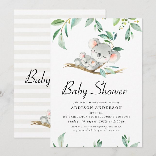 Einladung von Koala Bear and Foliage Baby Shower (Vorne/Hinten)