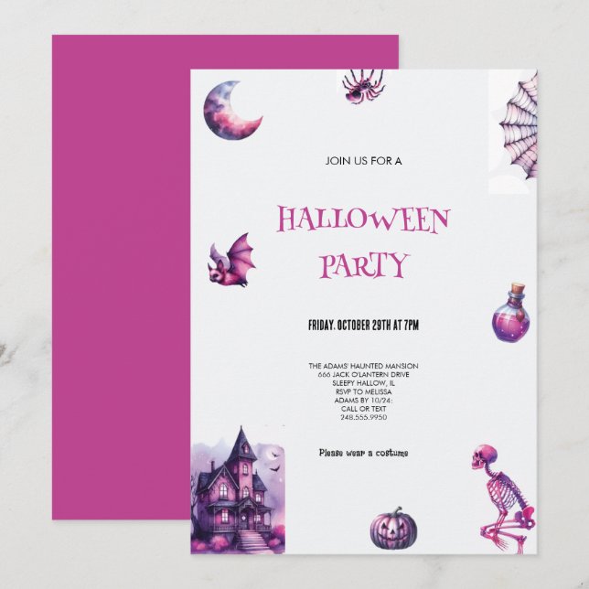 EINLADUNG VON lila UND PINKEN HALLOWEEN-PARTYS (Vorne/Hinten)