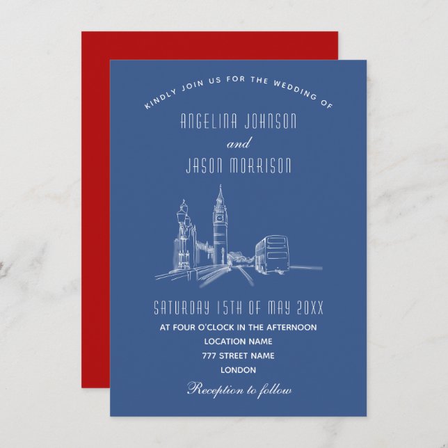Einladung von London Skyline Blue Red Wedding (Vorne/Hinten)