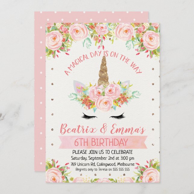 Einladung von Mädchen zum Geburtstag (Vorne/Hinten)