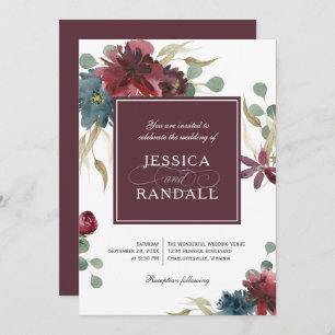 Einladung von Marsala Red and Navy Floral Wedding