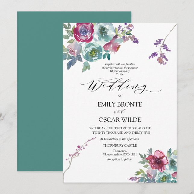 Einladung von Mint und Mauve Floral (Vorne/Hinten)