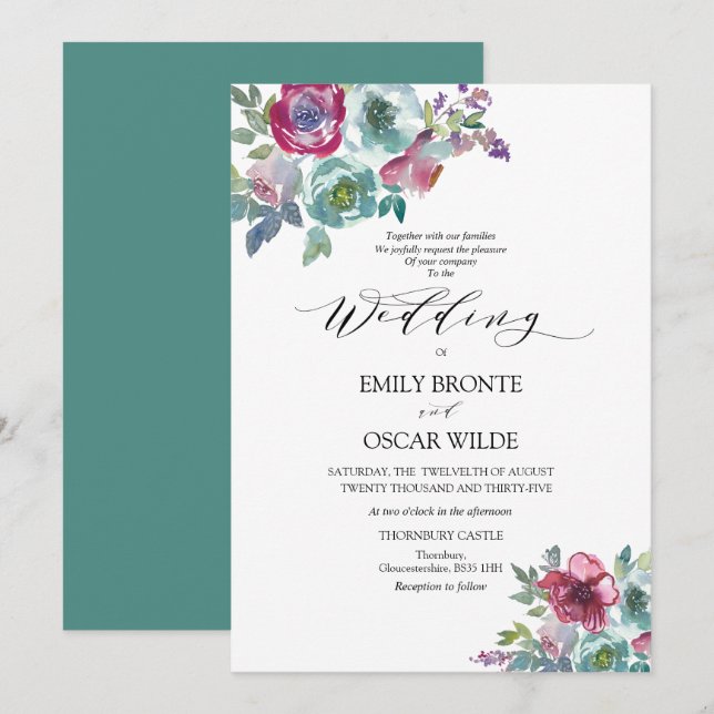 Einladung von Mint und Mauve Floral (Vorne/Hinten)