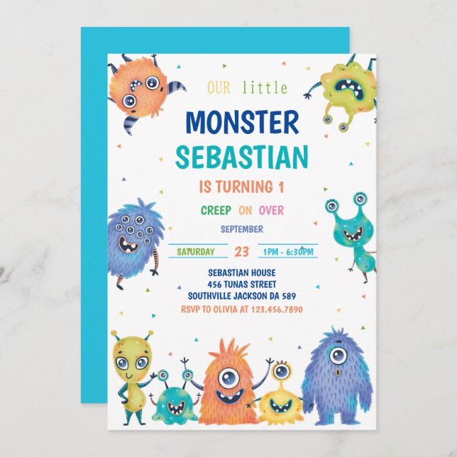 Einladung von Monster zum Geburtstag (Vorne/Hinten)