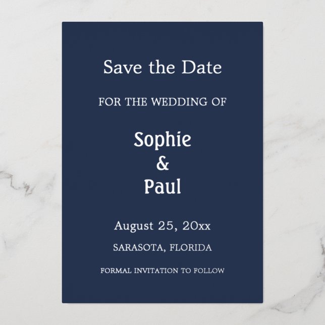 Einladung von Navy Blue Save the Date Foil (Vorderseite)