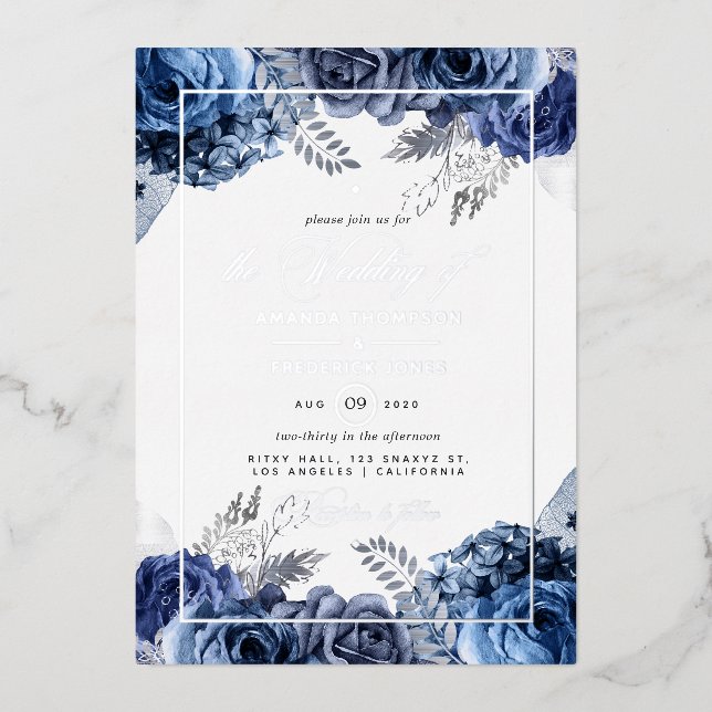 Einladung von Navy und Silver Floral Wedding Foil (Vorderseite)