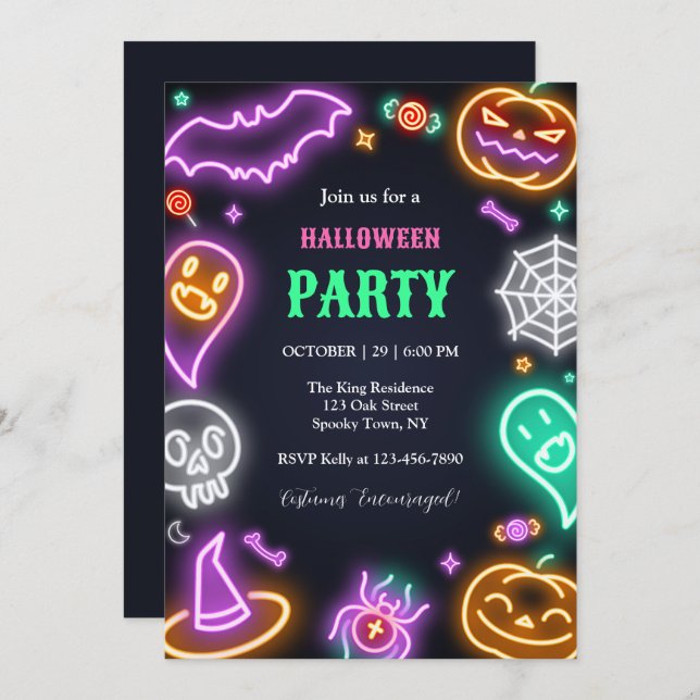 Einladung von Neon Halloween-Party (Vorne/Hinten)