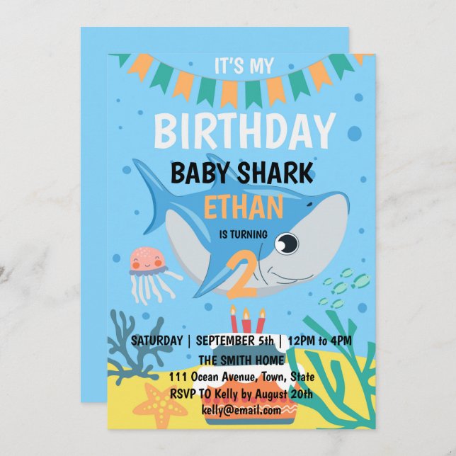 Einladung von niedlichem Baby Shark Geburtstagspar (Vorne/Hinten)