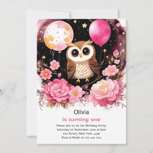 Einladung von Owl Girl zum ersten Geburtstag (Vorderseite)