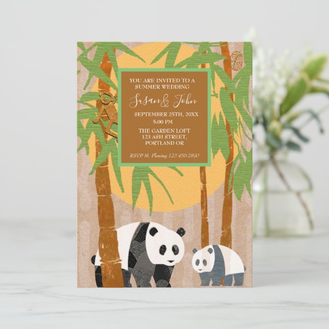Einladung von Panda Bears & Bamboo Hochzeit (Stehend Vorderseite)