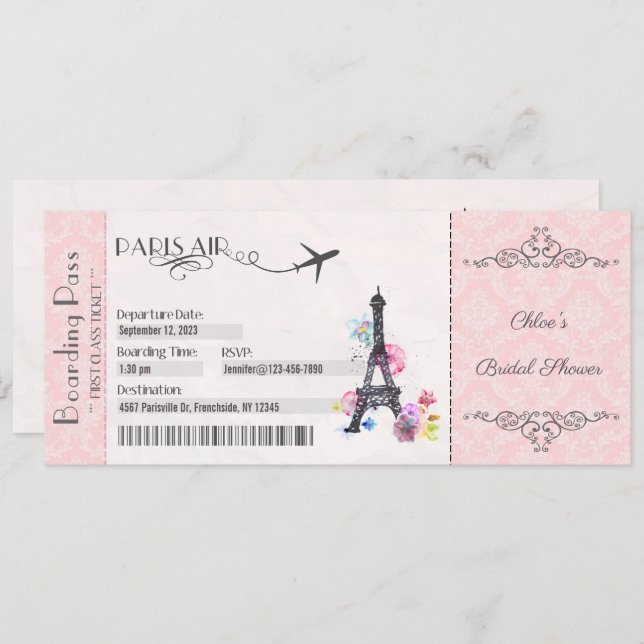 Einladung von Paris, Boarding Pass Einladung, Brid (Vorne/Hinten)