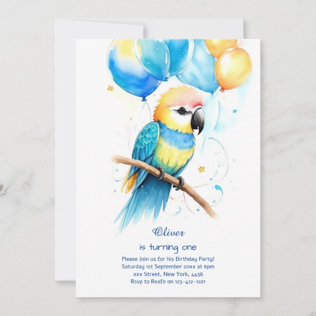 Einladung von Parrot zum ersten Geburtstag (Vorderseite)