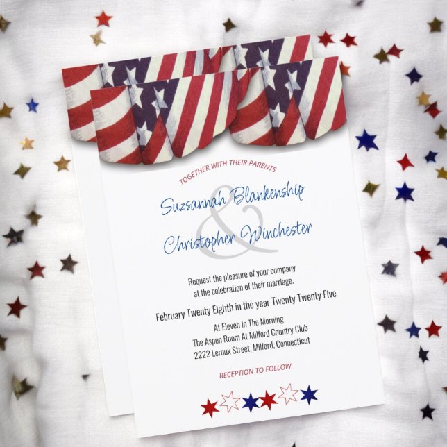 Einladung von Patriotic Red White Blue Bunting and (front and back view of wedding invitation)
