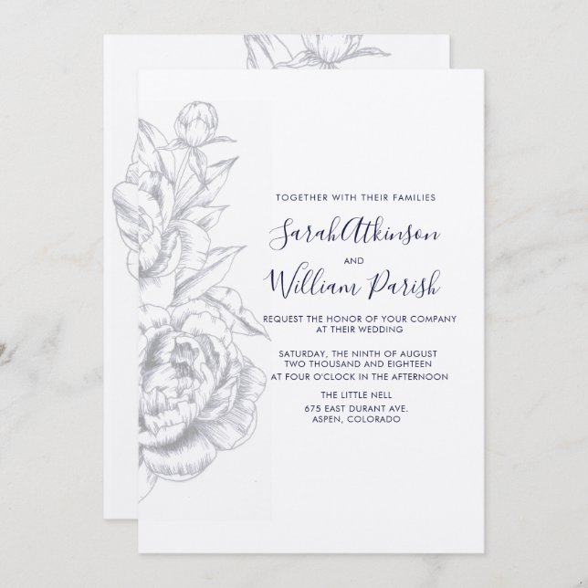 Einladung von Peony Simple Wedding (Vorne/Hinten)