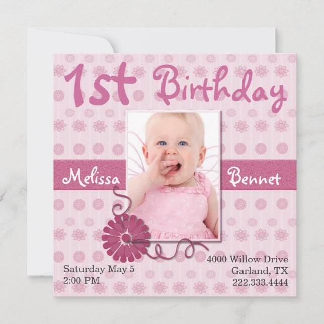 Einladung von Pink Baby's First Birthday Foto (Vorderseite)