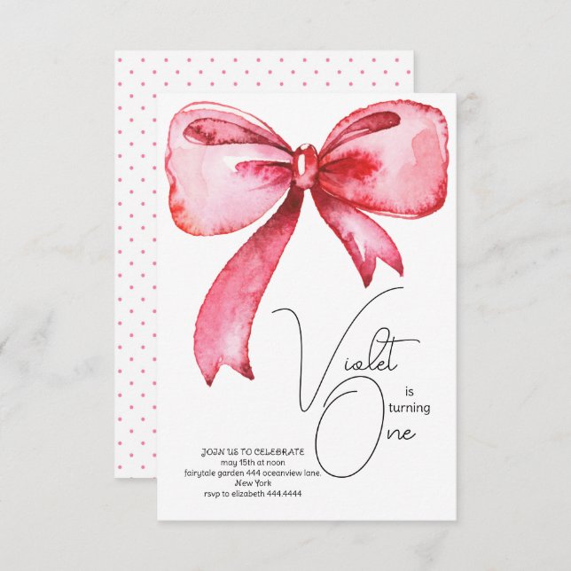 Einladung von Pink Bow zum ersten Geburtstag (Vorne/Hinten)