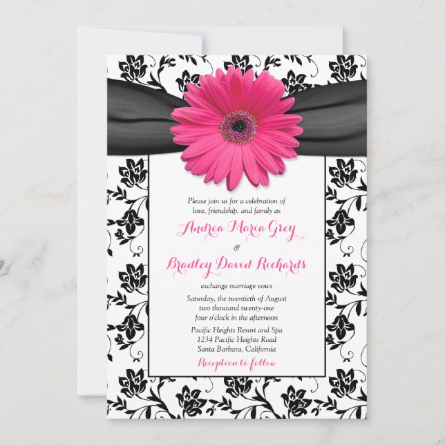 Einladung von Pink Daisy Schwarz-weiß Floral Weddi (Vorderseite)